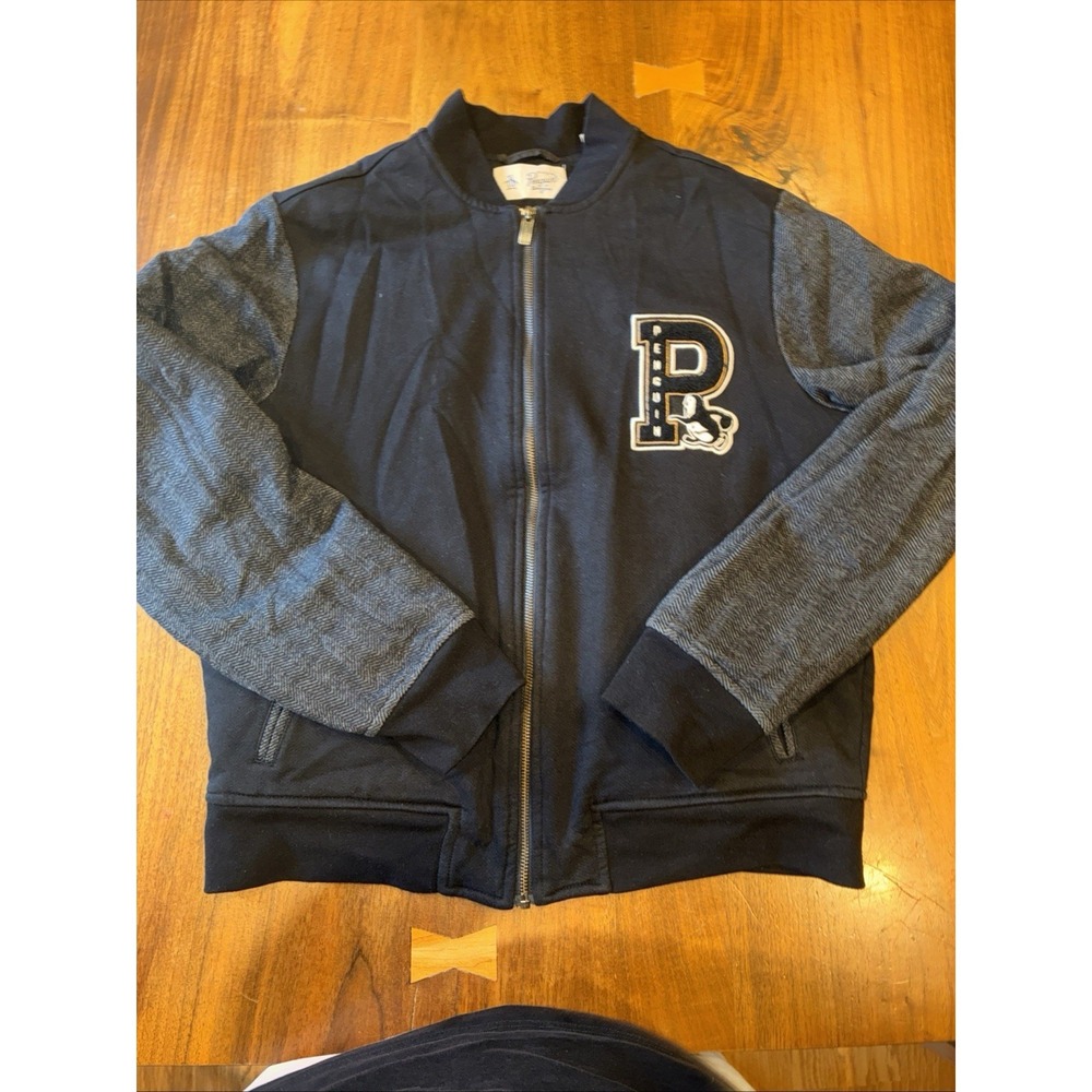 Original Penguin Mens Letterman Jacket M Black Cotton Blend Solid Full Zip Sport